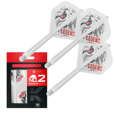 Three Paul Lim K-Flex No.2 dart flights with shafts and lion emblem, displayed next to retail packaging, isolated on white background