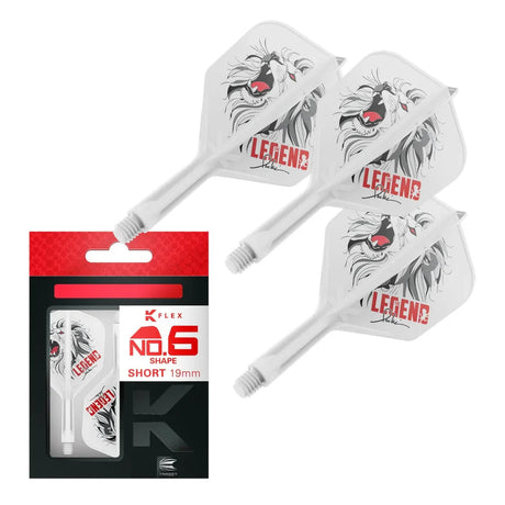 Three Paul Lim K-Flex No.6 dart flights with roaring lion design and short 19mm stems, shown with retail packaging on white background