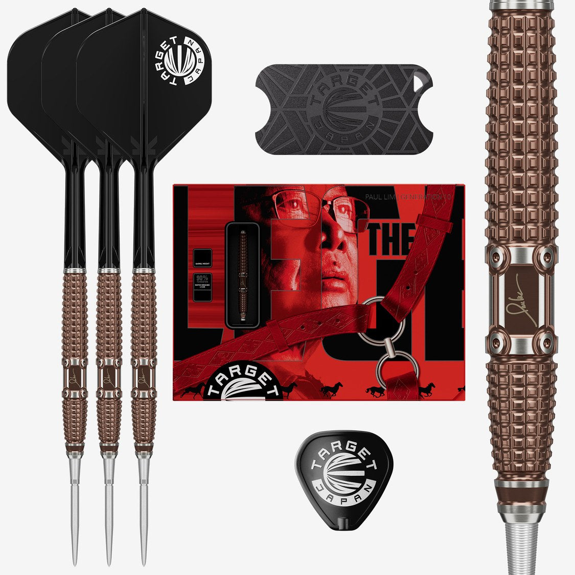 Target Japan Paul Lim Legend G10 darts set – three assembled darts with retail packaging, point guard and barrel close-up