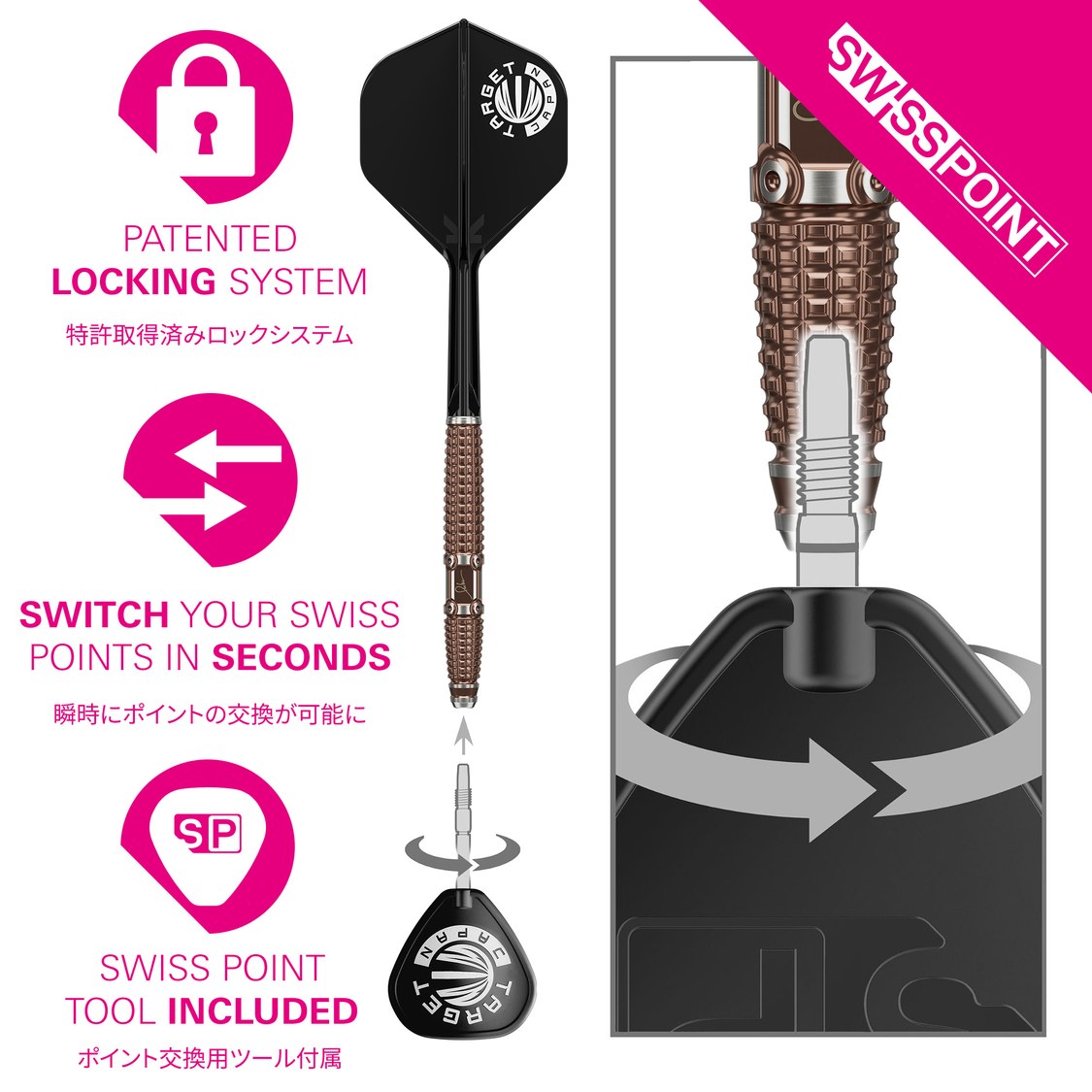 Target Japan Paul Lim Legend G10 Swiss Point locking system – patented fitting with Swiss Point tool for fast point changes