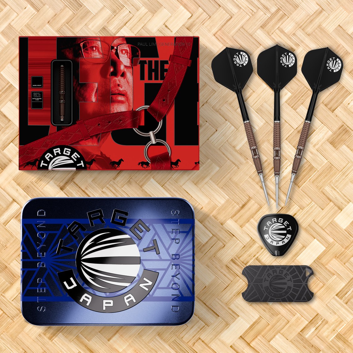 Target Japan Paul Lim Legend G10 darts with black K-Flex flights, Signature Series tin and packaging on a woven mat