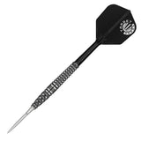 Steel tip dart with 90% tungsten knurled barrel grip, black shaft and flight, isolated on white background