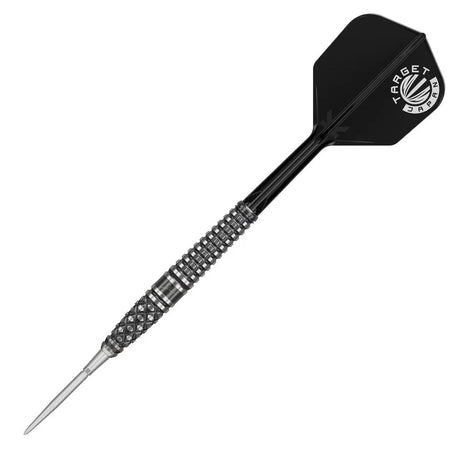 Steel tip dart with 90% tungsten knurled barrel grip, black shaft and flight, isolated on white background