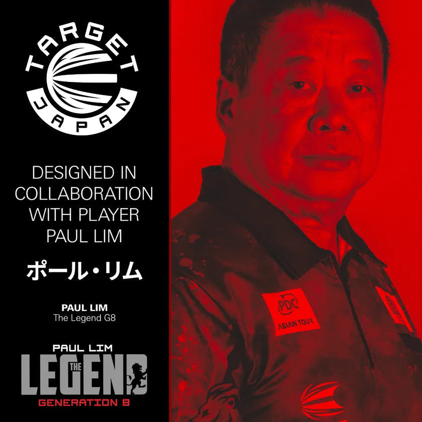 Lifestyle promo image showing Paul Lim collaboration for Generation 8 90% tungsten darts, features player portrait and branding
