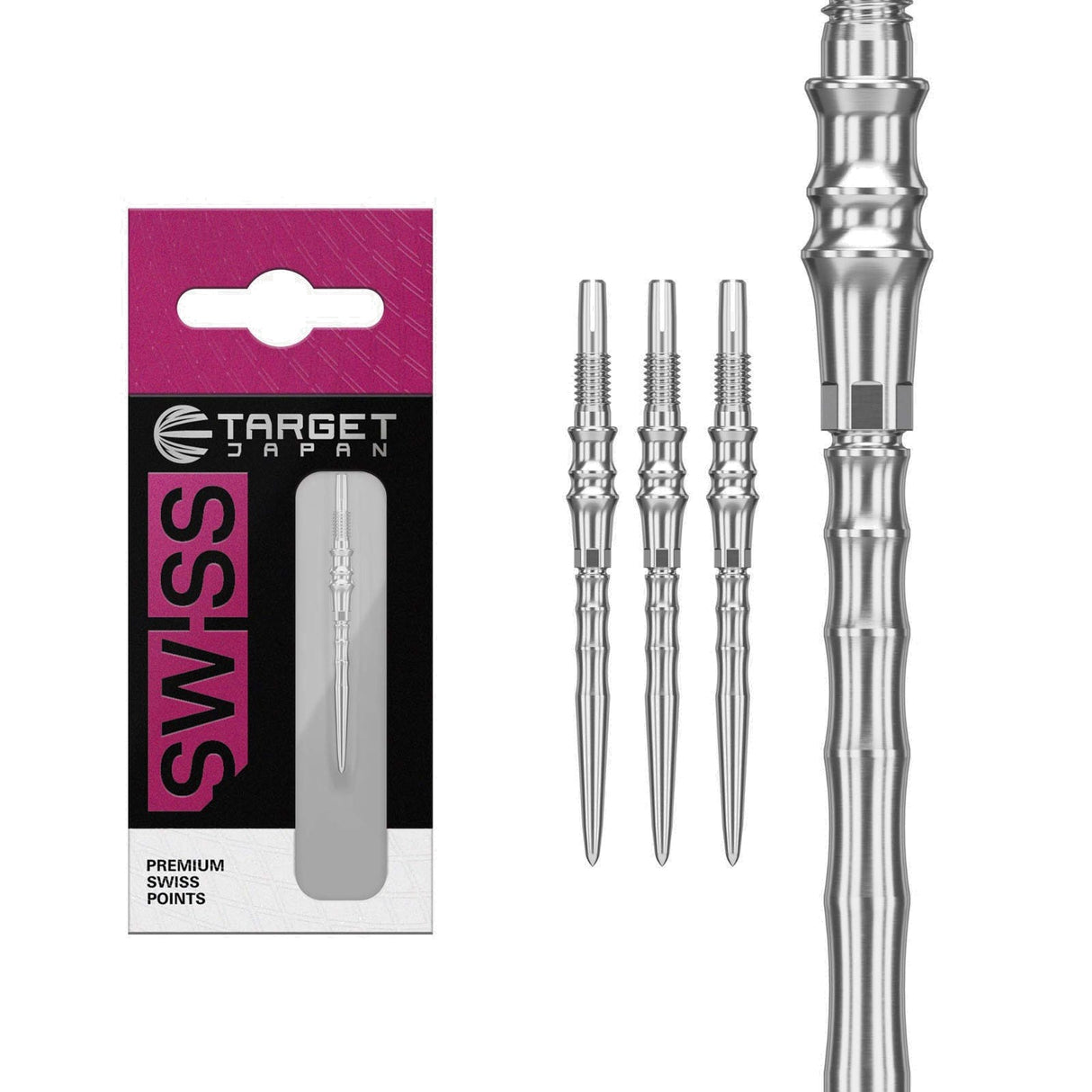 Silver Japan Premium Swiss Points, blister pack of three with a close-up of the stainless finish