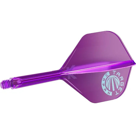 Purple No.2 K-Flex dart flight and shaft combo, angled full product view on white, showing integrated stem and clear logo