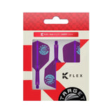 Purple K-Flex No.6 dart flight-shaft combos in short size, three-pack in retail packaging, No.6 flight shape, clear front display
