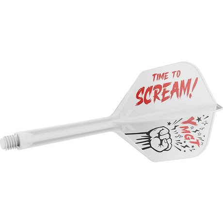 Angled full view dart flight and shaft combo No.6, white with bold 'TIME TO SCREAM!' text and fist graphic design, isolated background