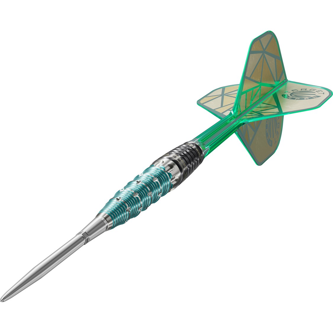 Target Japan The Rising Miracle 95% tungsten dart with green limited edition K-Flex No.2 flight – angled view