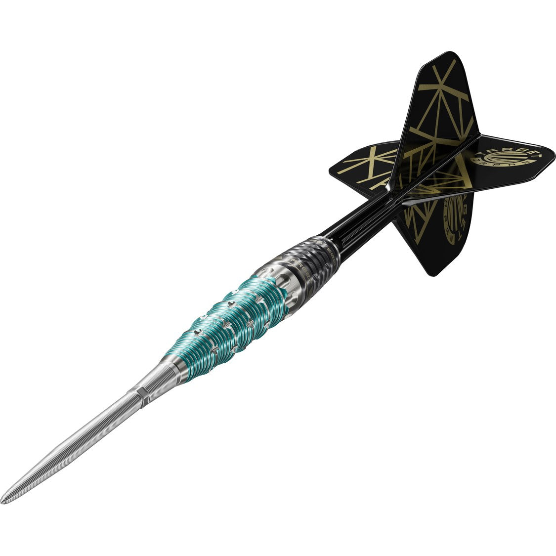 Target Japan The Rising Miracle 95% tungsten dart – angled view with teal Miracle front, black Rising Sun rear and black K-Flex flight