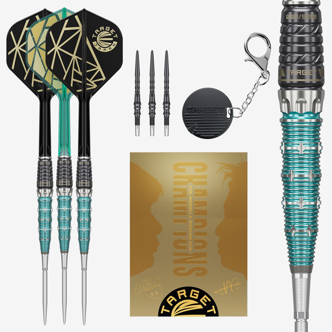 Target Japan The Rising Miracle limited edition set – three assembled darts with champions packaging and barrel close-up
