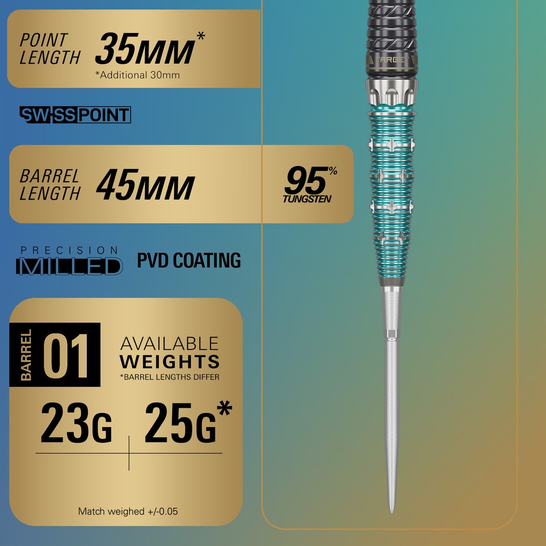 Target Japan The Rising Miracle specification – 35mm Swiss Point, 45mm barrel, 95% tungsten, 23g and 25g weights