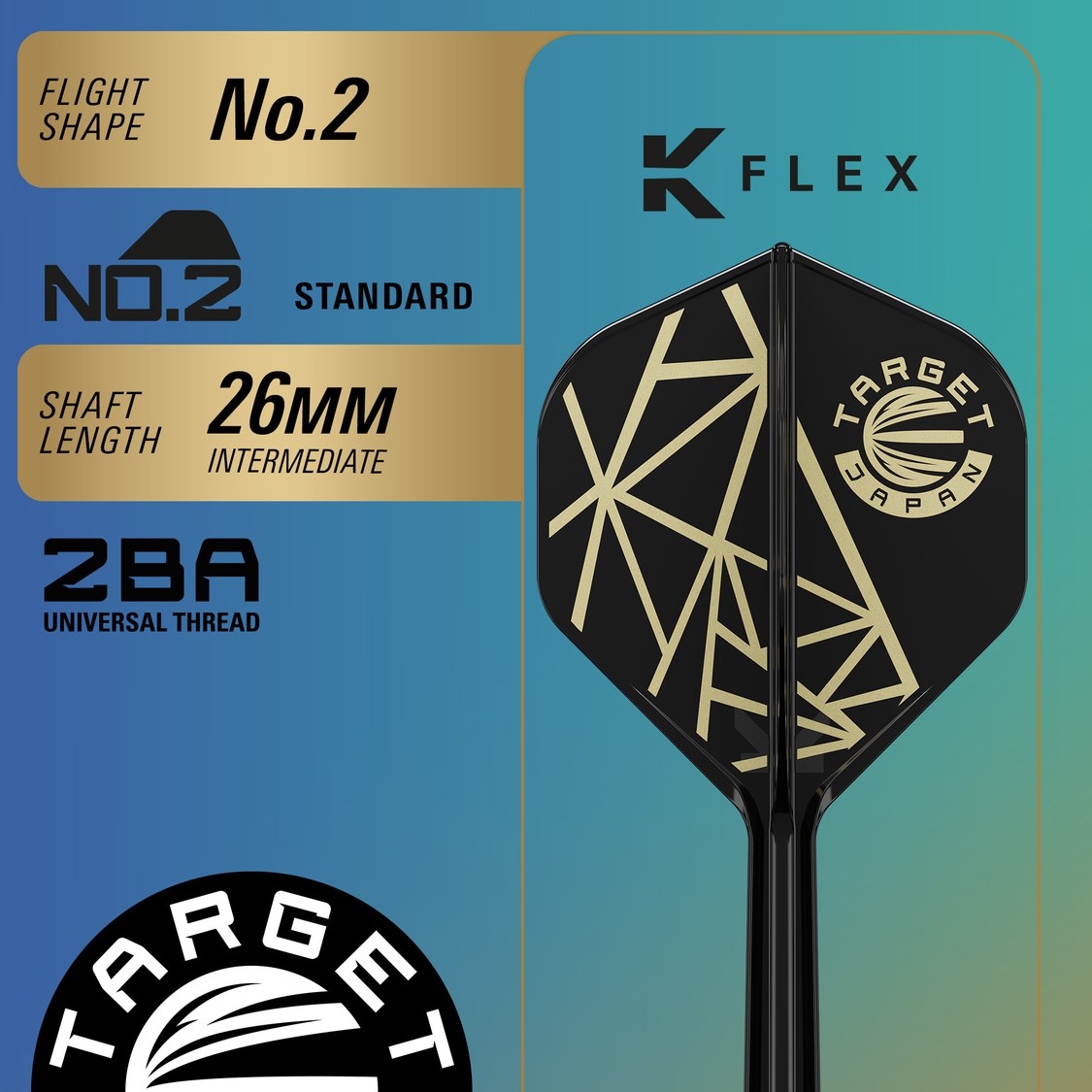 Target Japan The Rising Miracle K-Flex No.2 flight and shaft specification – 26mm intermediate shaft, 2BA universal thread