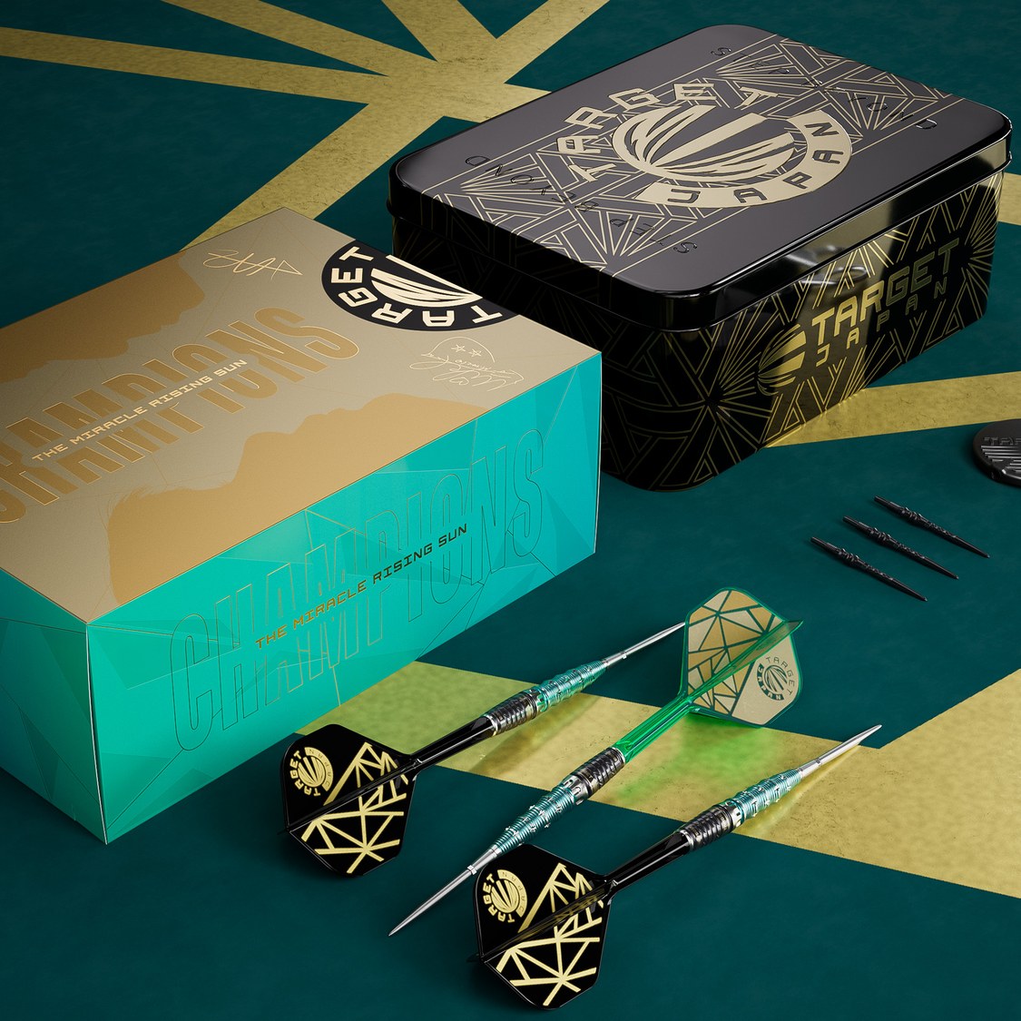 Target Japan The Rising Miracle limited edition darts with champions tin, spare points and gold artwork packaging