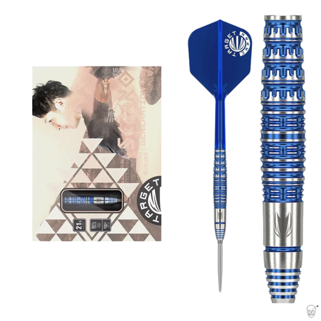 Steel tip tungsten dart with blue segmented grip, macro barrel detail, and retail packaging, isolated on white background