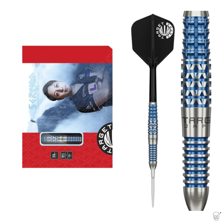 90% tungsten dart set in retail packaging with window, single assembled dart, and close-up of blue precision grip barrel on white background