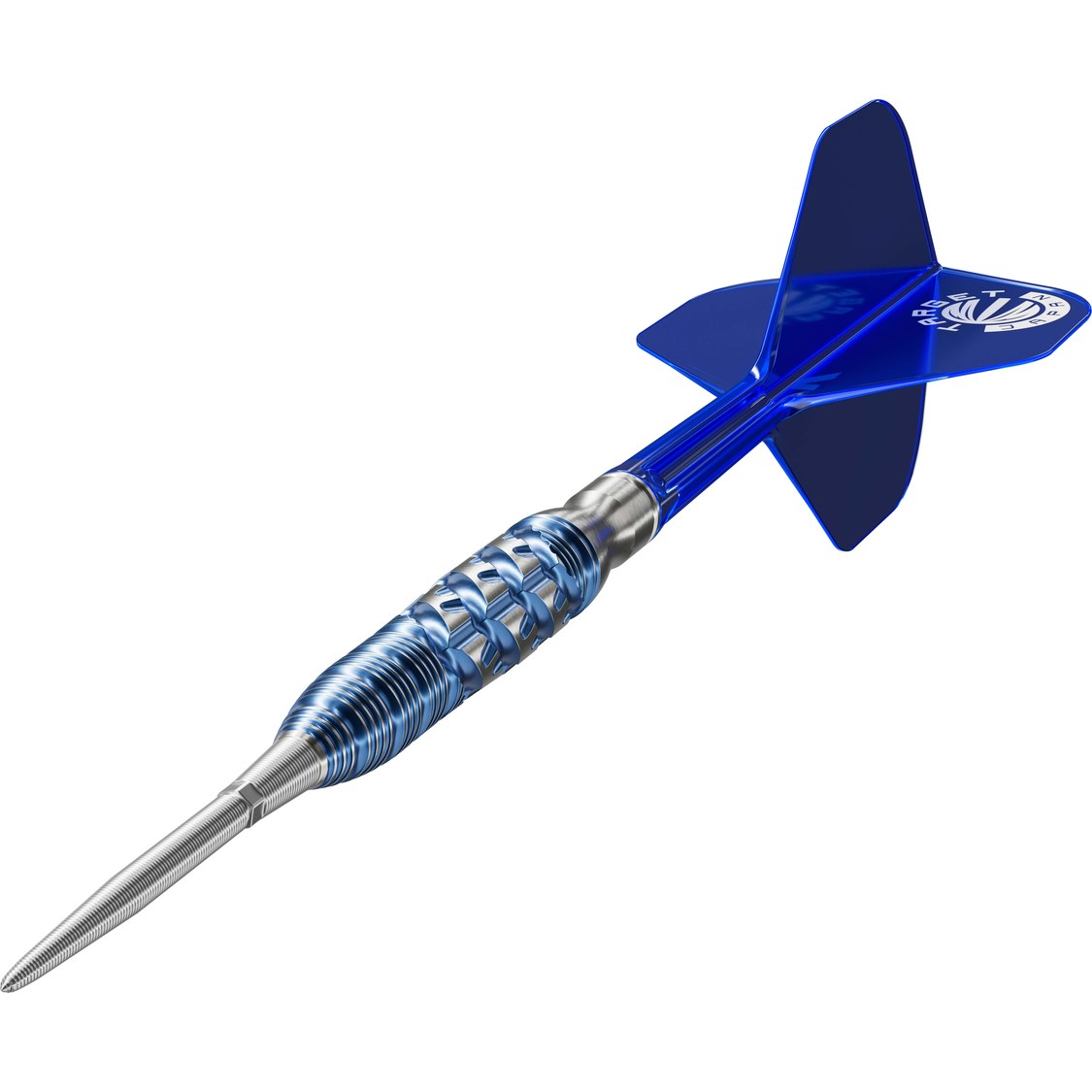 Target Japan Sereno G3 90% tungsten dart – angled view with blue snowflake milled scallop barrel and K-Flex flight