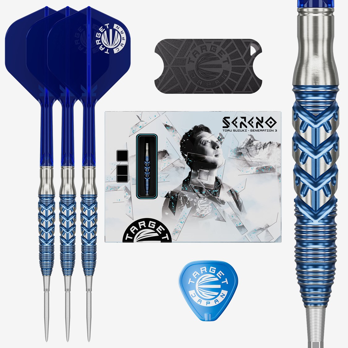 Target Japan Sereno G3 darts set – three assembled darts with retail packaging, point guard and barrel close-up