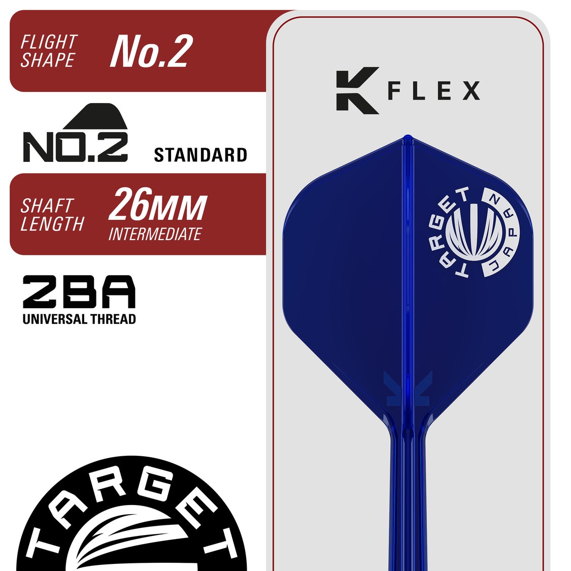 Target Japan Sereno G3 K-Flex No.2 flight and shaft specification – 26mm intermediate shaft, 2BA universal thread