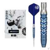 Target Japan Toru Suzuki Sereno G3 90% tungsten Swiss Point darts – packaging with blue scallop barrel close-up