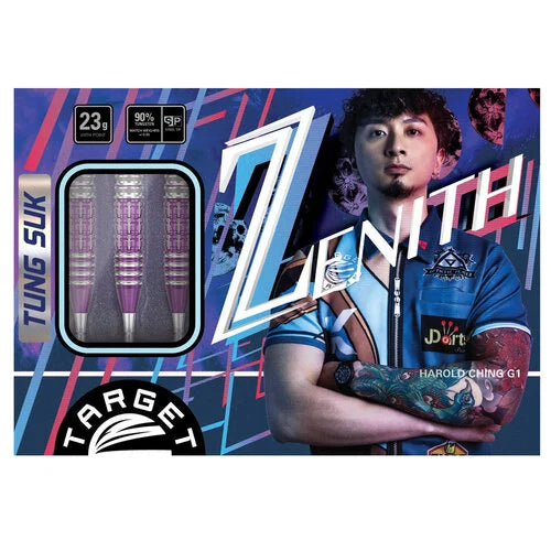 Zenith 90% tungsten darts set in display packaging, three barrels with detailed grip, steel tips, and player-themed box design
