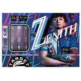 Zenith 90% tungsten darts set in display packaging, three barrels with detailed grip, steel tips, and player-themed box design