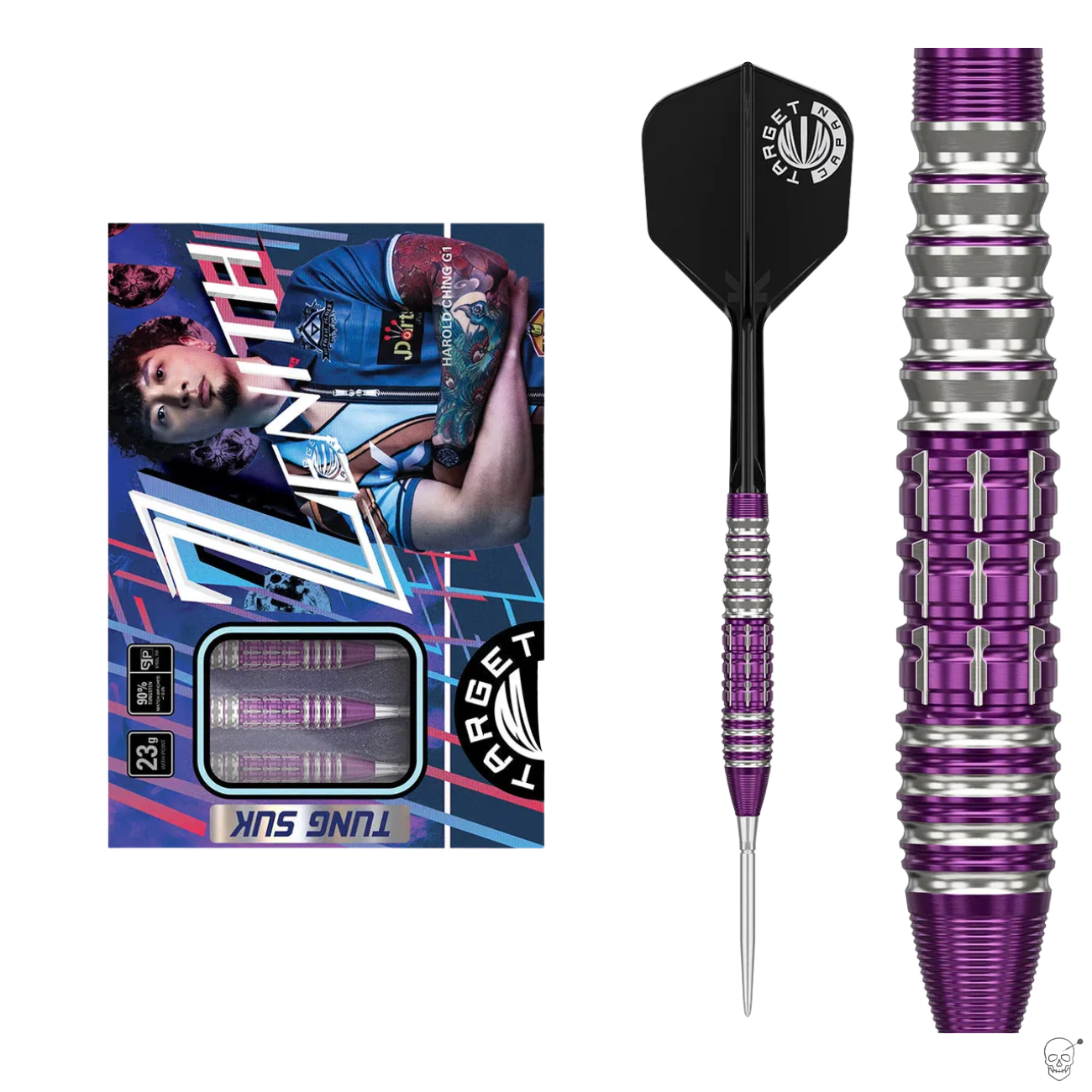 Zenith 90% tungsten darts set in retail box, full dart view, and close-up of detailed purple barrel grip on white background