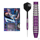 Zenith 90% tungsten darts set in retail box, full dart view, and close-up of detailed purple barrel grip on white background