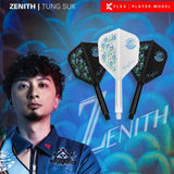 Three Zenith K-Flex No.6 dart flights shown angled on colorful backdrop, highlighting detailed floral design and integrated shaft