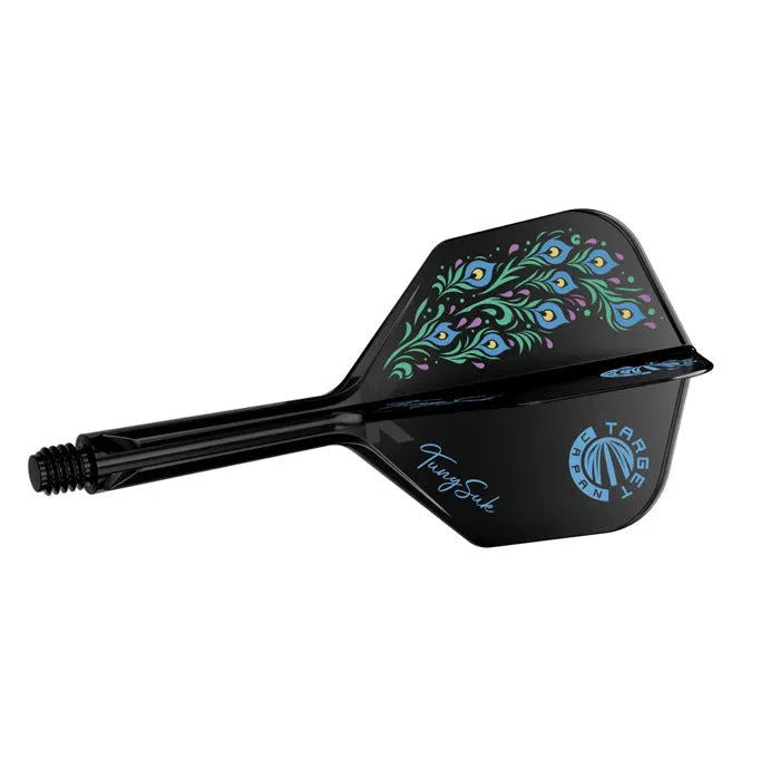 Angled view of single dart stem and No.6 flight with colorful peacock feather pattern on white background