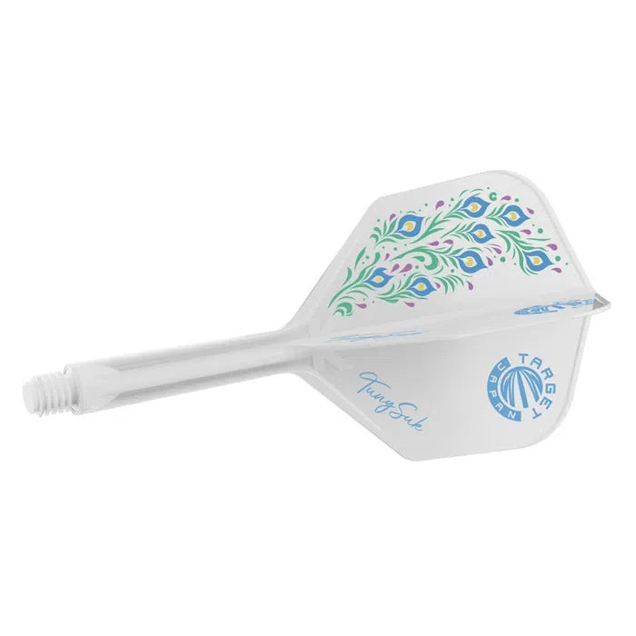 Full white K-Flex dart shaft with No.6 flight, floral pattern, isolated on white, highlighting integrated dart stem and flight design
