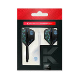 No.6 shape dart flights and intermediate stems in retail packaging, showing black flights with colorful pattern for darts setup