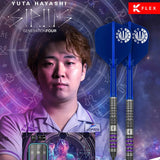 Lifestyle dart promo showing two Sirius G4 tungsten darts with blue flights, purple-ringed barrels, and product packaging, angled for grip detail.