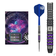Steel tip darts set with 90% tungsten barrels, purple ring accents, precision grip, full dart displayed next to retail packaging