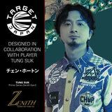 Zenith G2 darts promotional lifestyle shot with featured player, tournament shirt and branding, designed in collaboration