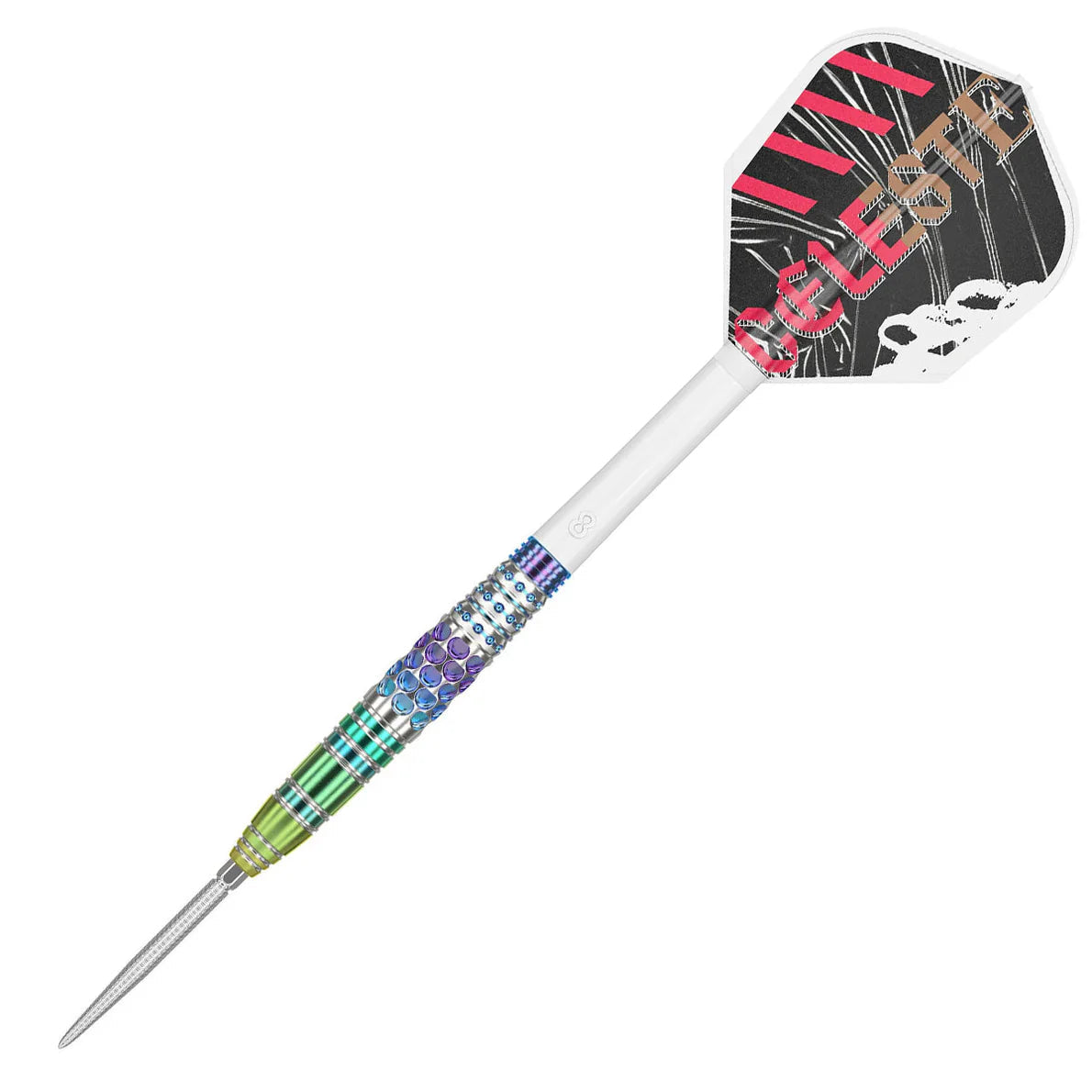 Single tungsten dart on white background with vibrant ringed grip pattern and Celeste printed dart flight