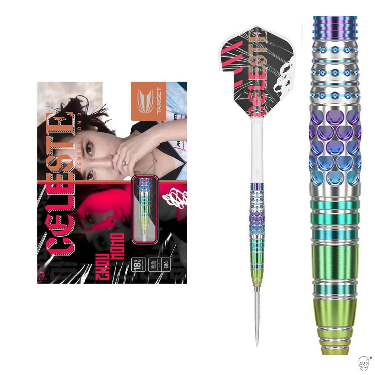 95% tungsten dart full view with rainbow barrel grip, close-up on knurled rings, and retail packaging for Celeste G2