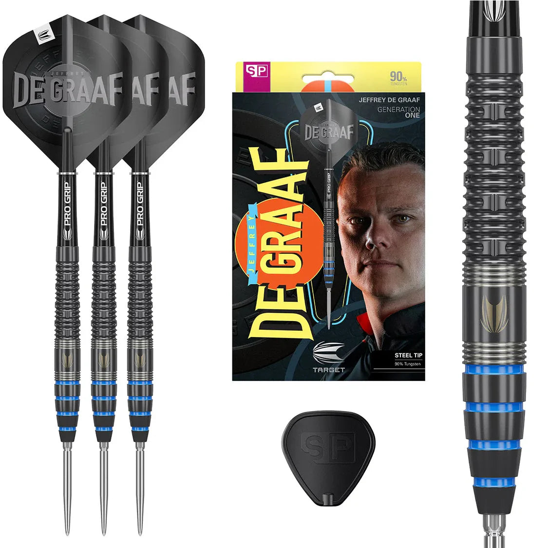Three steel tip tungsten darts with Pro Grip shafts, product packaging, macro barrel grip detail, and SP spare point cover on white background