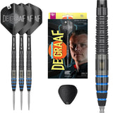 Three steel tip tungsten darts with Pro Grip shafts, product packaging, macro barrel grip detail, and SP spare point cover on white background