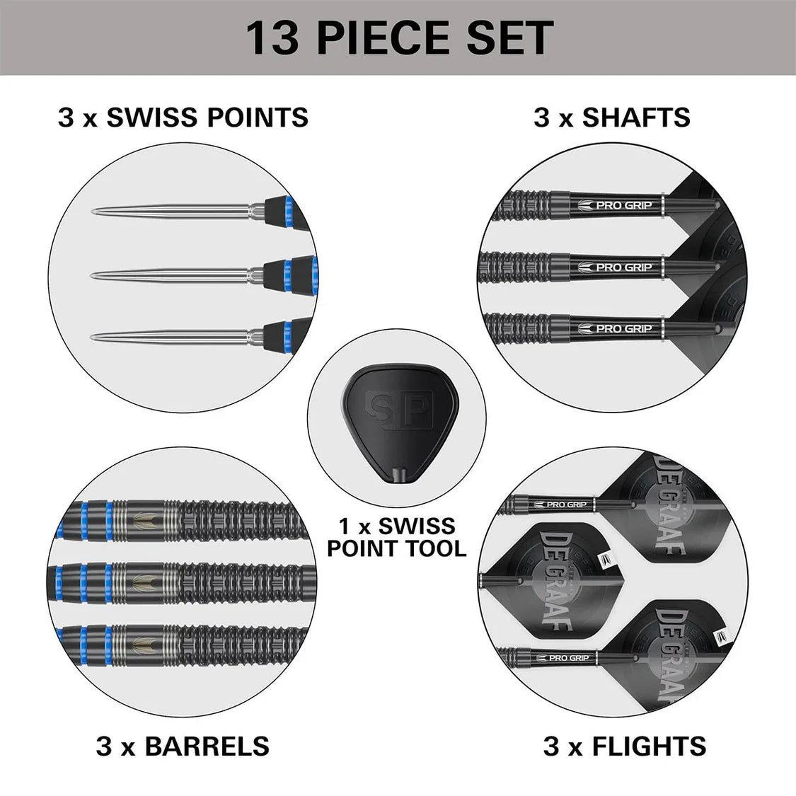 Dart set contents displayed with close-up views showing 3 barrels, 3 shafts, 3 Swiss points, 3 flights, and Swiss point tool