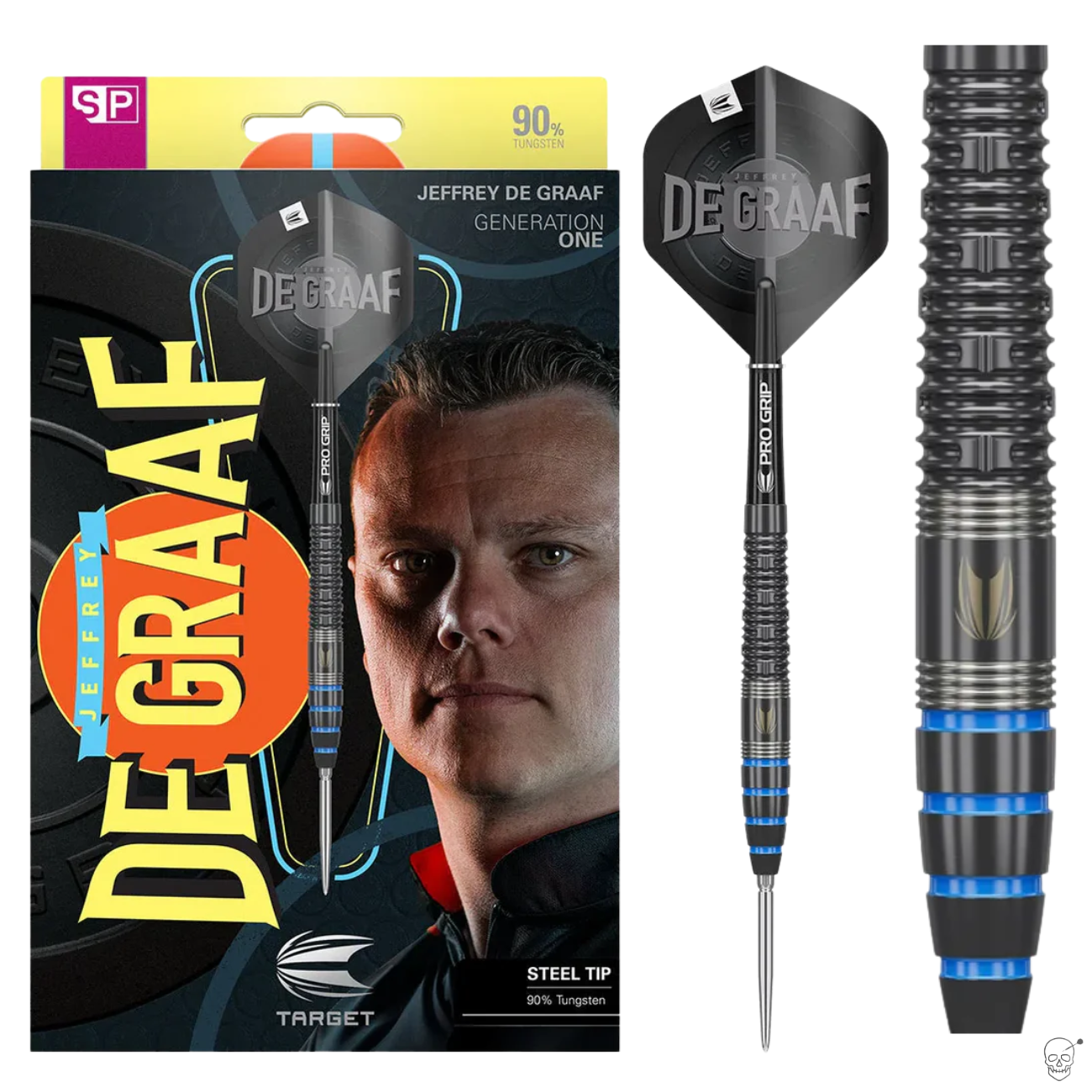 Steel tip tungsten darts in retail box, full product view and close-up showing grooved barrel grip and blue ring accents
