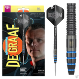 Steel tip tungsten darts in retail box, full product view and close-up showing grooved barrel grip and blue ring accents