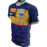 Angled full view of Josh Rock darts shirt on mannequin, showcasing sponsor logos, honeycomb design, blue and gold dart apparel