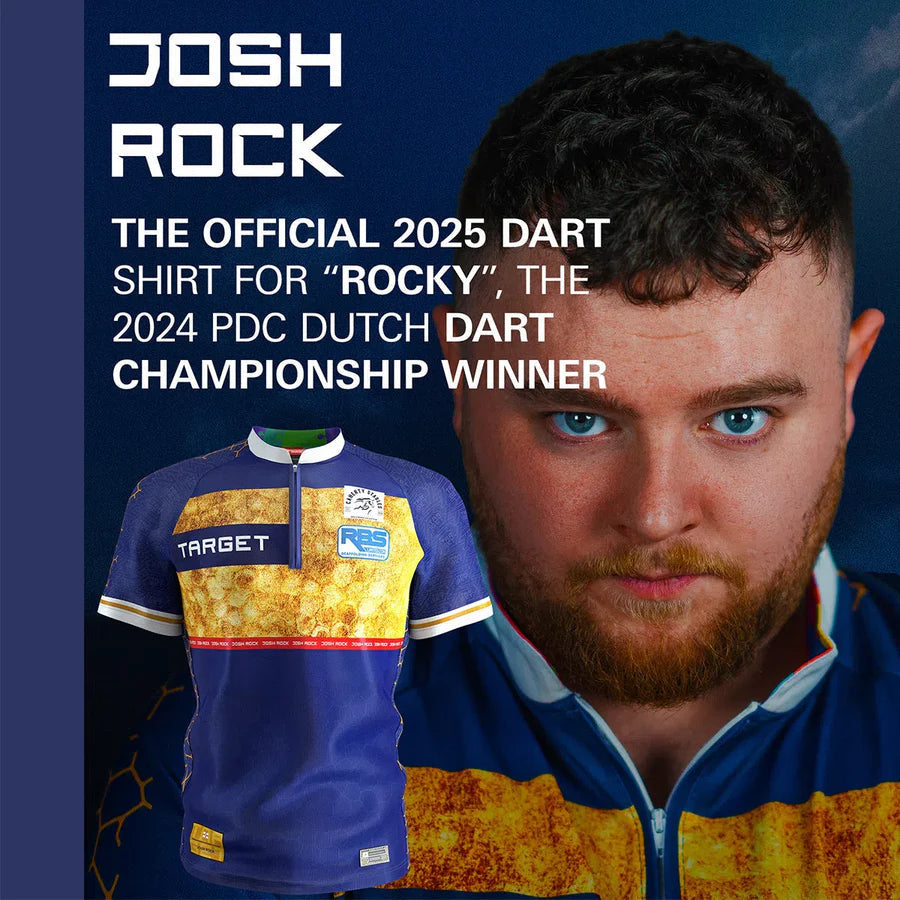 Full view of Josh Rock darts shirt on display, navy blue and yellow design, lifestyle background features darts player in matching shirt.