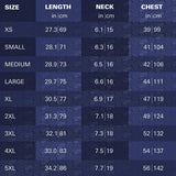 Dart shirt sizing chart with length, neck, and chest measurements for all sizes in inches and centimeters