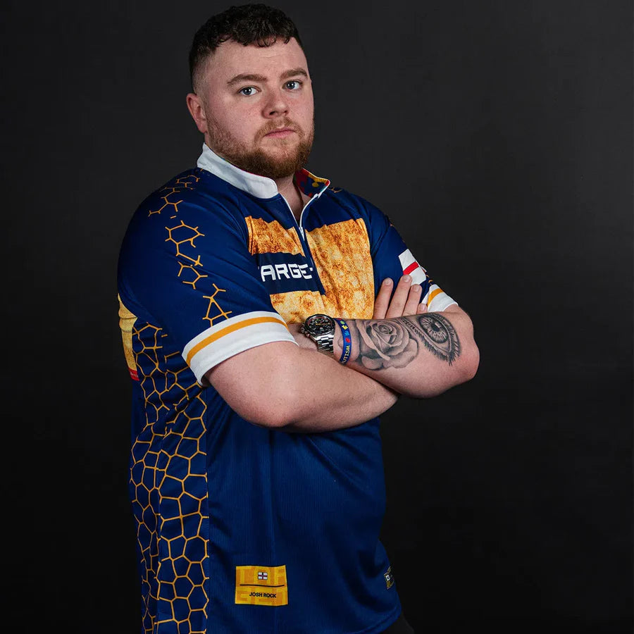 Lifestyle view of Josh Rock darts shirt worn by model, showing shirt fit, honeycomb pattern, and front design details