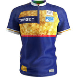 Front view of Josh Rock darts shirt in blue and yellow with sponsor logos, short sleeves, and zip collar, isolated on white background