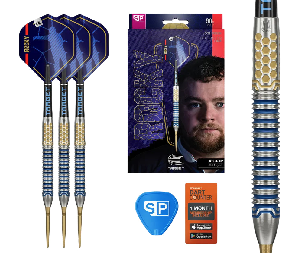 Josh Rock G1 90% tungsten darts set with steel tips, honeycomb grip close-up, packaging, flights, and accessories on white background