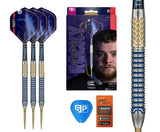 Josh Rock G1 90% tungsten darts set with steel tips, honeycomb grip close-up, packaging, flights, and accessories on white background