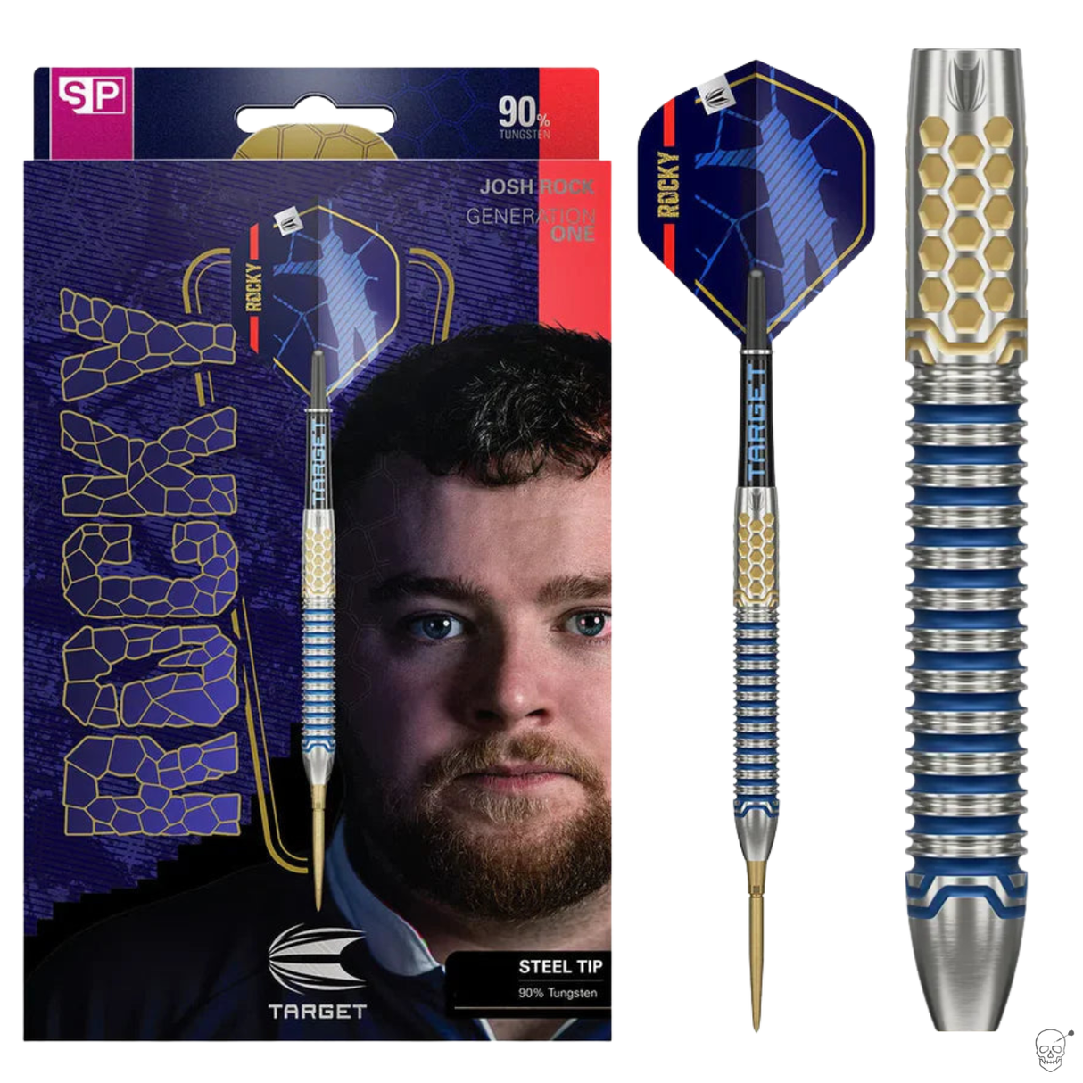 Josh Rock G1 90% tungsten steel tip dart in retail packaging and isolated full dart view with ringed blue barrel and hexagonal gold grip